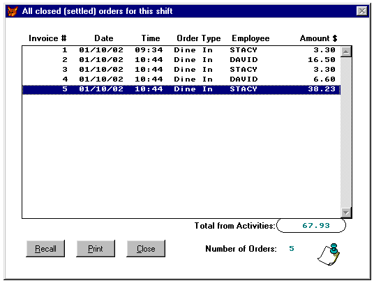 restaurant list of settled orders